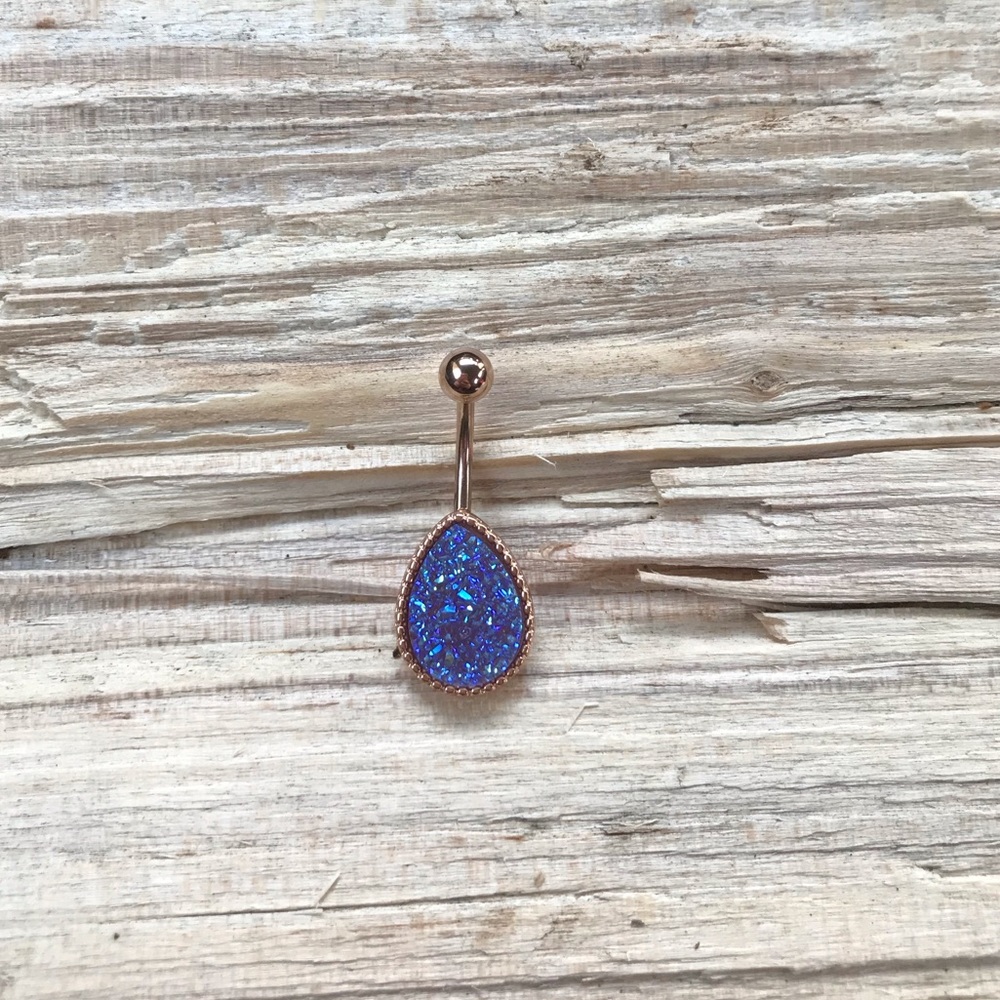 Purple Rose Gold Druzy‎ Teardrop Belly Butron Ring